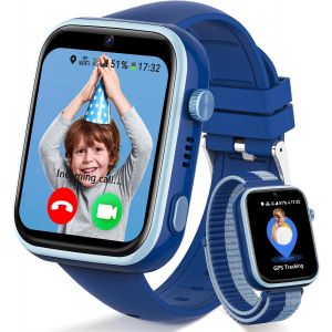 4G Montre Connect&eacute;e Enfant, Smartwatch Enfant avec GPS et T&eacute;l&eacute;phone, Appel Vid&eacute;o, SOS, Mode Classe, Whatsapp, WiFi, IP68, SIM, Podom&egrave;tre, R&eacute;veil, Montre Intelligente Garcon/Fille, Bleu - Neuf
