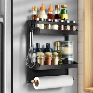 MEVRONISSHOP-Etagere Magnetique Frigo, Multifonction Etagere Epice Magnétique Puissant, Rangement Cuisine Gain de Place avec Porte Sopalin et 4 Petit Crochets pour Réfrigérateur, Machines à Laver (No - Neuf