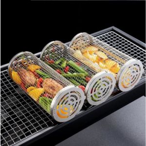 Deux paniers &agrave; barbecue en acier inoxydable de 21 * 9 cm, deux crochets et deux tambours &agrave; fourche pour barbecue - Neuf