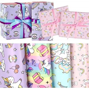 Lot De 4 Feuilles De Papier Cadeau Licorne Pour Filles, Papier Cadeau De Noël Pour Enfants, Papier Cadeau D'anniversaire, Papier D'emballage Parfait Pour Les Mariages, Les Anniversaires, La - Neuf