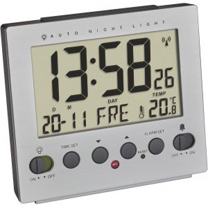 TFA Dostmann réveil Radio-pilotée Digital, 60.2561.55, éclairage Automatique de Nuit, température, Jour de la Semaine et Date, Aspect Aluminium, Argent - Neuf