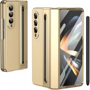 pour Galaxy Z Fold4 &Eacute;tui avec Stylet et Emplacement pour Stylet, Protecteur d'&eacute;cran tremp&eacute; + Protection de charni&egrave;re Housse en Cuir pour Samsung Galaxy Z Fold4-Or - Neuf