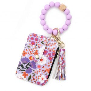 Pu Cuir Keychain Porte-Monnaie &Agrave; Pompon Pour Femme, Imprim&eacute; Floral Bracelet Titulaire De La Carte - Neuf