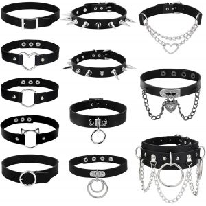 Cauc-12 Pi&egrave;ces Collier Ras De Cou Femme Noir Gothique Ras Du Cou Coeur Punk Collier Rivet Rock Collier Clout&eacute; R&eacute;glable Choker Cuir Collier Gothique Halloween Cosplay - Neuf
