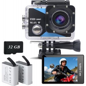 MEVRONISSHOP-Cam&eacute;ra d'action WiFi FHD 1080P avec Carte m&eacute;moire de 32 Go, cam&eacute;ra d'action &eacute;tanche jusqu'&agrave; 30 m, cam&eacute;ra d'action avec 2 Batteries Rechargeables de 1050 mAh et kit d'accessoires - Neuf