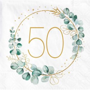 MEVRONISSHOP-40 Pi&egrave;ces Serviettes 50e Anniversaire - Papier Vert Eucalyptus - Joyeux Anniversaire 50 Ans - D&eacute;coration de Table pour Homme et Femme - Neuf