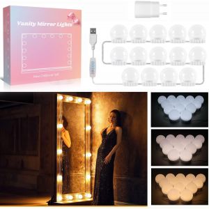 Lumière De Miroir Kit De 14 Ampoules Avec Adaptateur, Usb Câble Réglable, 3 Couleurs Et 10 Intensités, Miroir Led Hollywood Dimmable, Lampe Coiffeuse Maquillage Make Up Eclairage Adhesif - Neuf