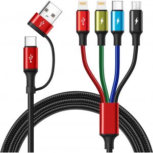 KALANKA-C&acirc;ble de Charge 4 en 2, Cable Multi Embout avec Transfert de Donn&eacute;es [3,5A 1,2M] C&acirc;ble Multi USB Universel en Nylon, C&acirc;ble de Charge Rapide USB avec Micro/Type C/Lightning pour iPhone,Android - Neuf