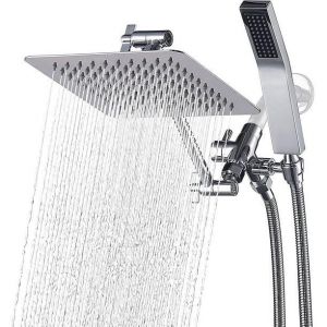 Ensemble de douche double carr&eacute; enti&egrave;rement m&eacute;tallique | Pommeau de douche effet pluie 20 cm | Douchette &agrave; main avec flexible extra long | Lisse - Neuf