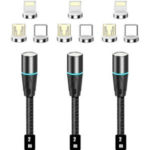 Thef-Netdot Gen12 Câble De Charge Magnétique 3 En 1 En Nylon Tressé Pour Chargement Rapide Et Transfert De Données Pour Smartphones Android Micro Usb Et Usb C Et I-Product (2 M/Lot De 3, Noir) - Neuf