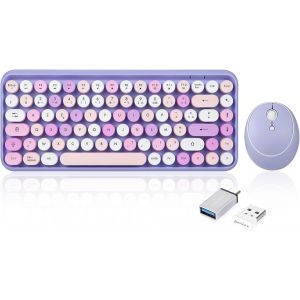 PERIDUO-713 Ensemble Mini Clavier et Souris sans Fil 2.4 GHz, Touches de Style R&eacute;tro Arrondies, Violette, AZERTY - Neuf