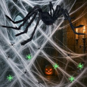 CAUC-Araign&eacute;es d&eacute;coratives d'Halloween - 300 g - Toile d'araign&eacute;e extensible pour Halloween (1 800 pieds carr&eacute;s) + 50 pi&egrave;ces r&eacute;alistes d'araign&eacute;es en plastique noir (5 cm) + 20 araign&eacute;es lumineuses ( - Neuf