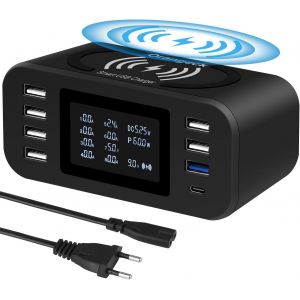 Wireless Charging Station With Multiple Usb Charger With Led Display 8 Ports Charging Station With Qc3.0 Desktop Induction Charger For Iphone Ipad Samsung And Smartphones - Neuf