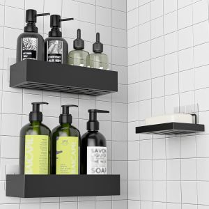 MEVRONISSHOP-tag&egrave;re Douche Sans Percage - 3 Pi&egrave;ces Etagere Douche avec Porte Savon Douche, Porte Shampoing Accessoire Douche Noir - Neuf