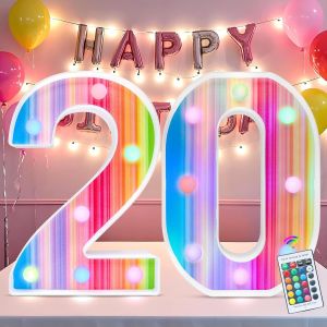 Chiffres Lumineux Arc-En-Ciel, Lumi&egrave;res Led Color&eacute;es Pour D&eacute;coration De 20e Anniversaire, 16 Couleurs Changeantes, Cadeaux Pour Filles, D&eacute;corations D'anniversaire, Veilleuse, D&eacute;coration De Table - Neuf