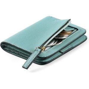 Portefeuille compact en cuir bleu clair pour femme, blocage RFID, &agrave; deux volets, avec poche zipp&eacute;e pour pi&egrave;ces de monnaie et fen&ecirc;tre pour carte d'identit&eacute;. - Neuf