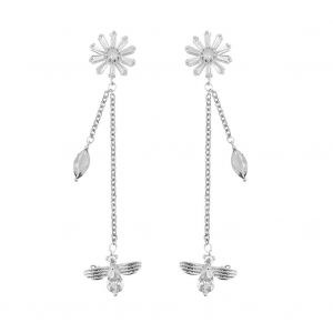 Boucles D'oreilles Tendance Pour Femmes, Elegantes, En Forme D'abeille Et De Fleur (Argent) - Neuf