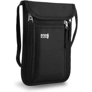 CAUC-Flintronic Pochette Tour de Cou, Sac de Cou avec Bloqueur RFID, Sac de Passeport avec Bandoulière Réglable, Anti¿vol, Imperméable, Portefeuille de Voyage Femme et Homme, pour Argent Billet Carte - Neuf