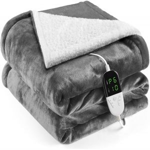 Couverture Chauffante Flanelle 155x180cm, Plaid Chauffant avec 6 Niveaux de Dhaleur, Minuterie 10H, Chaleur Rapide, Protection Contre la Surchauffe, Affichage LED, Lavable en Machine (Gris) - Neuf