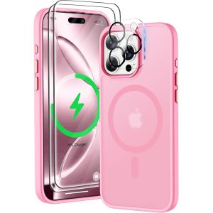 Ayu-Coque Pour Iphone 16 Pro Avec 2 Verre Trempé Et 1 Caméra Protecteur, Translucide Mat Arrière Housse Fine Antichoc Magnétique Pour Iphone 16 Pro Case Compatible Avec Mag-Safe 6.3"" Rose Clair - Neuf