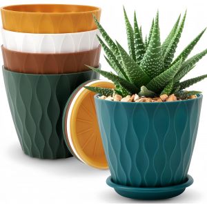 Nouvelhorizonstore-5 Pi&egrave;ces Pots De Fleurs En Plastique, 15cm Jardini&egrave;re Anti-Racines &Eacute;pais Pot De Jardin &Agrave; Motif Ondul&eacute; Avec Drainage Trou Et Soucoupe Pour Plantes Fleurs Herbes Succulentes Cactus ( - Neuf