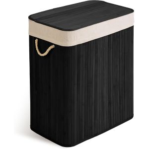 MEVRONISSHOP-Panier &agrave; linge, 2 compartiments, 100 l, avec couvercle et sac &agrave; linge, en bambou, noir, 61 x 54 x 34 cm - Neuf
