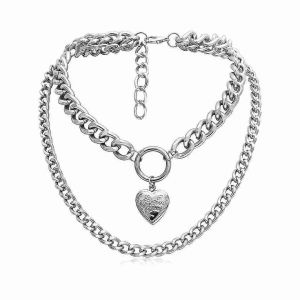 Alliage Ras De Cou Collier Multicouche Coeur Pendentif Pour Femmes Hommes Chunky Chaîne Punk Gothique Colliers - Neuf