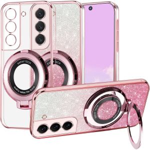 Kal-Couqe Pour Samsung Galaxy S22 Plus 5g Aimantée [Compatible Avec Magsafe] Avec Support Anneau, Housse Etui De Protection Antichoc En Silicone, Transparente Paillettes 2 En 1 Case (Rose) - Neuf