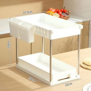 Tiroir D'Armoire Coulissant &Agrave; Double Glissement,Panier D'Armoire Coulissant,&Eacute;vier &Agrave; 2 Couches,Support De Rangement Inf&eacute;rieur Avec Crochet,Support De Rangement Pour Salle De Bain Et Cuisine.White Sing - Neuf