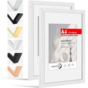Cmwx-&reg; 2x Cadre Photodin A4 21x30 Cm Cadre Photo En Bois Blanc En Cadre En Bois Massif 21x29,7 Cm, Image Avec Passe-Partout 10x15 Cm,Accrochage Facile Pour Montage D&eacute;coration Murale A4 - Neuf