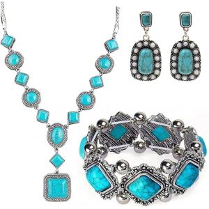 Parure Bijoux Turquoise Vintage Collier Bracelet Boucles D'oreilles Ensemble G&eacute;om&eacute;trique Ethnique Boh&egrave;me Artisanal - Neuf