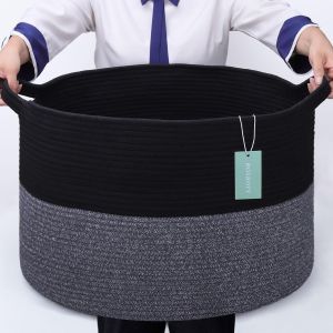 CHECARZHN--NO1-Panier À Couverture Extra Large 87L, Panier À Linge, Panier De Crèche Pour Bébé, Grand Panier À Linge Pour Filles Et Garçons, Panier Tissé, 55 X 35 Cm, Mélange Noir Et Noir - Neuf