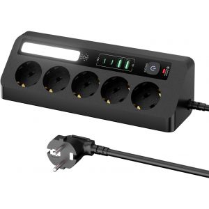 Multiprise de Table 5 Prises avec 4 Ports USB (2 Ports USB A+2 Ports USB C), Multiprise Parafoudre avec Lumi&egrave;re LED, Prise d'angle avec Interrupteur et C&acirc;ble 1.8 M pour Bureau, Maison (Noir) - Neuf
