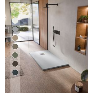 BELLOBATH - Receveur de douche en r&eacute;sine antid&eacute;rapante - Texture ardoise douce -Avec la bonde et la grille comprises - Ciment - 75 X 100 cm - Neuf