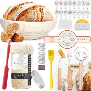Jexnovashop-Banneton Pour Pain, Corbeille A Pain Rond 25cm, Pot De Fermentation 700ml, Grattoir &Agrave; P&acirc;te, Brosse, Kit Boulangerie Pour Pains &Agrave; Levain, Panier A Pains Pour D&eacute;butant, Passionn&eacute; De Boulang - Neuf