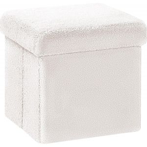 SUBZONAL-Pouf Carr&eacute; de Rangement Pliable en Tissu Boucl&eacute;, Tabouret Compact Rembourr&eacute;, Repose-Pieds pour Salon, Chambre et Couloir, 30x30x30cm, Blanc - Neuf