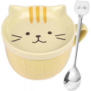 Eryi-Tasse De Chat Mignon En Céramique, 300ml Tasse En Céramiqu Avec Couvercle, Set De Tasses À Café, Tasse De Petit-Déjeuner En Céramique, Cadeaux De Vacances Pour Fille, Fil, Amis, Famille - Jaune - Neuf