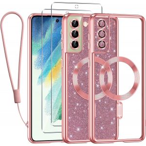 SJZG-Glitter Magn&eacute;tique Pour Samsung Galaxy S21 Fe 5G Con Cordon, [Compatible Avec Magsafe] Antichoc Brillant Paillet&eacute; Housse Souple Couqe Pour Samsung S21 Fe Avec 2 Pi&egrave;ces Verre Tremp&eacute;, Rose - Neuf