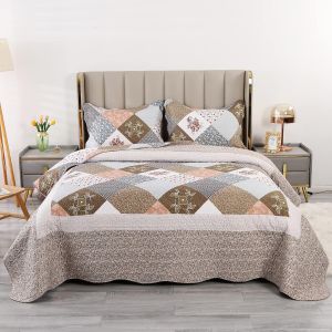 Ulteronixshop-Couvre Lit Matelass&eacute; 2 Personnes 220x240cm, Couverture Patchwork Courtepointe,Dessus de Lit et Jet&eacute; de Lit L&eacute;ger d'Et&eacute; en Motif Fleuri El&eacute;gant Kaki - Neuf