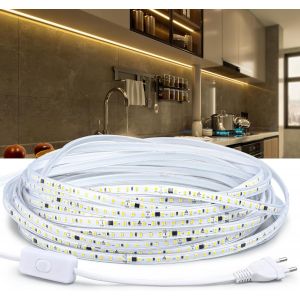 Ruban Led 6mètre,220v 120leds/M Exterieur Etanche,Bande Lumineuse Blanc Chaud,Bandeau Rubans À Led 3200k,Décoration De La Maison Éclairage,Cuisine,Jardin,Lumière Led Avec Interrupteur - Neuf