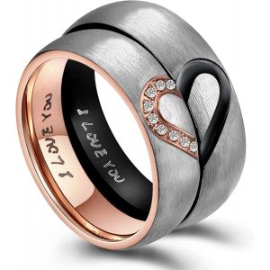 Trahoo-Alliance Femme Homme I Love You C?ur Amour Éternel Romantique Bague Mariage Fiançailles Acier Inoxydable Fantaisie Anneau Supérieur Couple Noir & Or Rose - Neuf