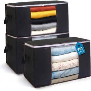 Mdy-3pcs 90l Sac De Rangement Vetement Pliable Avec Fenêtre Transparente, Non-Tissé Grande Boite Rangement Vetement Pour Couettes, Couvertures Jouets Vêtements, 60x40x35cm (Noir) - Neuf