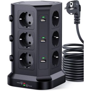 Tour multiprise parafoudre et surtension(4000W/16A), Multiprise Electrique avec 6 Ports USB et 12 Prises, multiprise avec et 3 Interrupteurs, 2M Cordon, Noir - Neuf