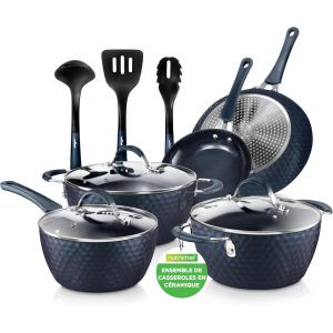 Jexnovashop-Nutrichef Lot Po&ecirc;le Et Casserole Induction, Batterie De Cuisine Antiadh&eacute;sifs Avec Rev&ecirc;tement En C&eacute;ramique,Et Poign&eacute;es Ergonomiques, Casserole, Cocotte, Grandes Et Petites Po&ecirc;les &Agrave; Frire,1 - Neuf