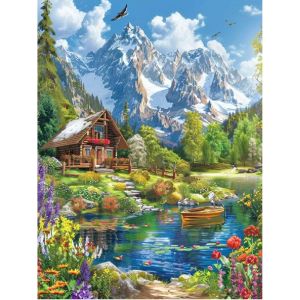 Ayuhr-Peinture Diamant Carrée 40 X 50 Cm Maison Au Bord Du Lac Peinture Diamant Paysage Lac Montagne Bateau Fleurs Mosaïque Diamant Peinture Art Broderie Point De Croix Images Cadeau Décoration - Neuf