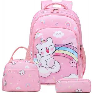 Cartable Chats Filles Sac à Dos Licorne Enfants Sacs d'école Filles Set de Sacs d'école pour Primaire 1-3 Classe,Voyage Randonnée - Neuf