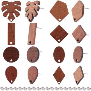 Kal-1 Boîte 8 Paires Boucles D'oreilles En Bois Dos Plat Formes Mixtes Charmes En Bois Feuille De Monstera Ovale Larme Plat Rond Rectangle Noyer Marron Avec Écrous D'oreille En Acier Inoxydable - Neuf