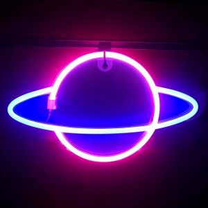 Cheng-Lampe Au N&eacute;on Led Veilleuse Pour Chambre Usb Chargeur,Rose + Bleu Plan&egrave;te N&eacute;on Logo,N&eacute;on,Lampe Neon Pour Enfants Chambre F&ecirc;te Danniversaire Bar D&eacute;cor De Mariage - Neuf
