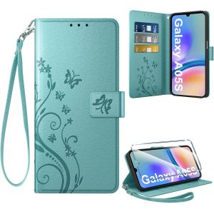 CAUC-Coque pour Samsung Galaxy A05S + 1 Verre Tremp&eacute;, Retro Design Housse Premium en Cuir PU Pochette de Portefeuille pour Porte Cartes Fonction Stand Flip Etui pour Samsung A05S, Vert - Neuf