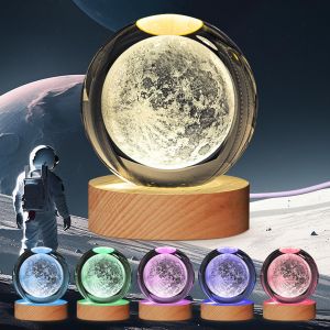 Veilleuse, Système Solaire 3d, Boule De Cristal, 8,9 Cm, 7 Couleurs, Pour Décoration De Chambre À Coucher, Cadeau De Noël, Cadeau D'anniversaire, Pour Garçons, Filles (Lampe Lune) - Neuf